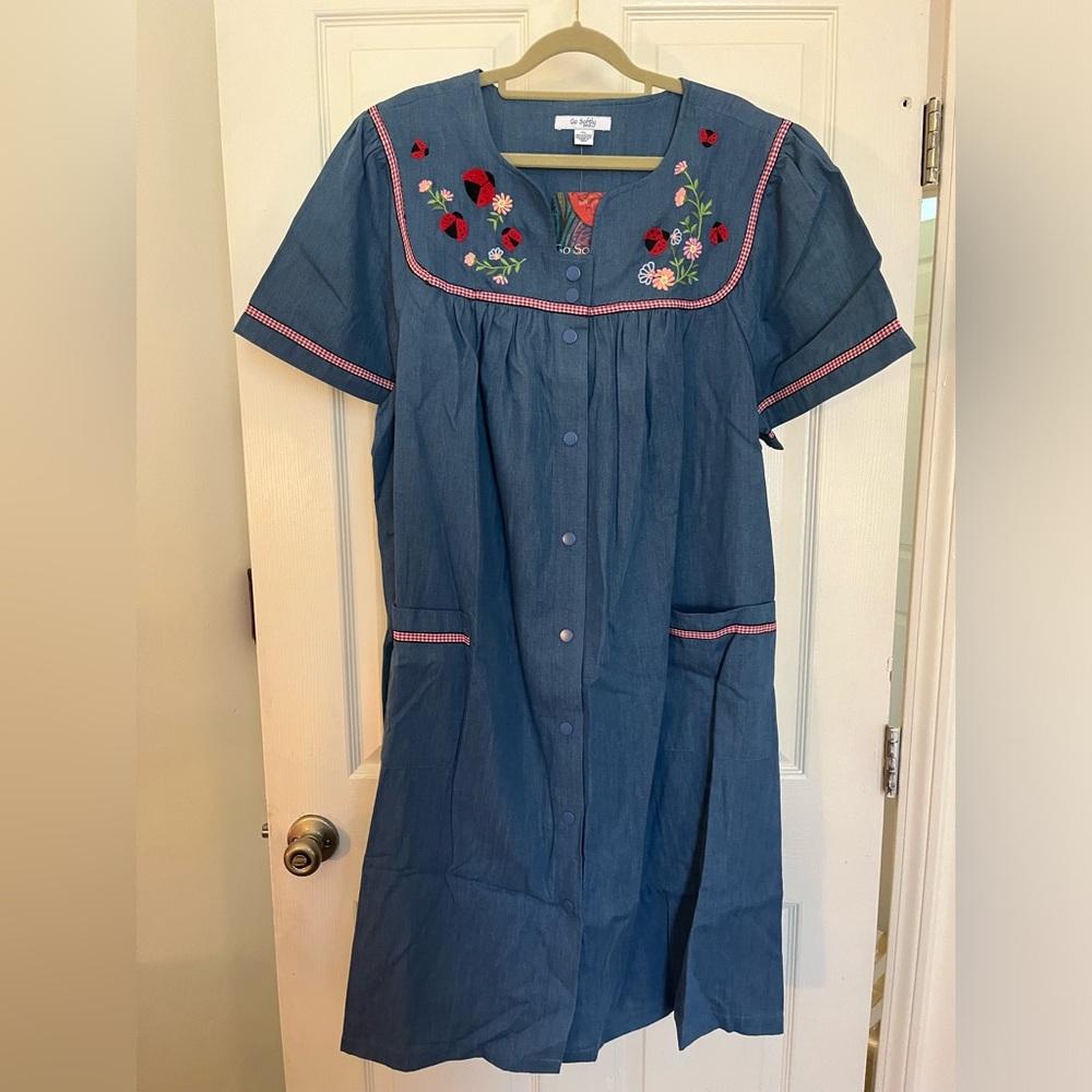 Go Softly Patio House Dress Embroidered Ladybugs and Flowers Size XL NWT